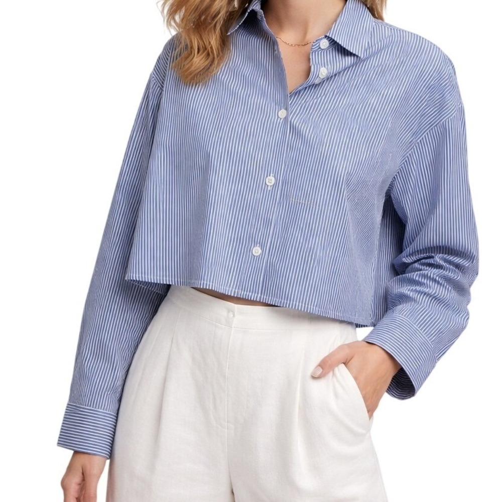 NWT Madewell Blue White Striped Poplin‎ Straight Hem Shirt XL Button-up Boxy
